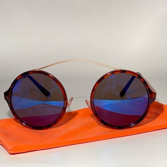 1356 Round Sunglasses Tortoise and Silver Frames Blue Mirror Lens NWT - Picture 2 of 9